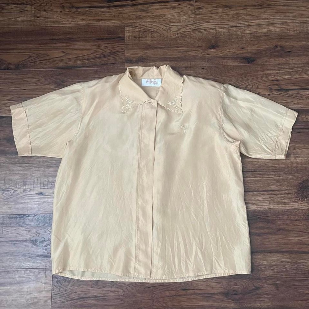 Vintage 100% Silk Button Up Short Sleeve Blouse Butter Beige Embroidered Boho 16